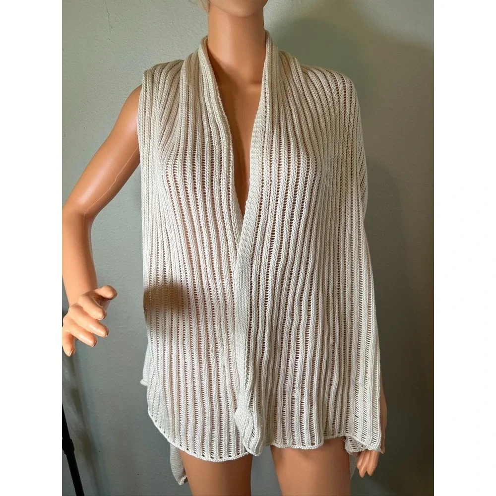 Pure Handknit Cream Cotton Lagenlook Flowy‎ Cardigan Sweater Vest S/M Boho Ivory